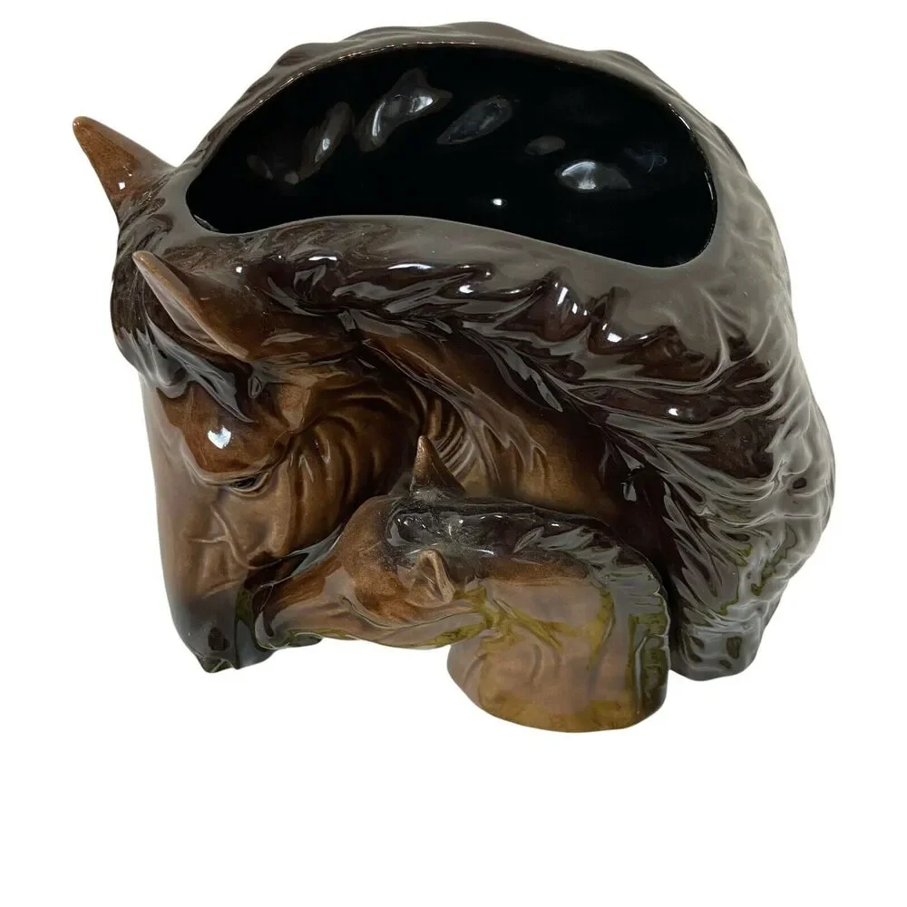 Mare And Foal Planter Vintage Brown Glossy Finish Beautiful Glazed 8" x 3.5" - Picture 5 of 12
